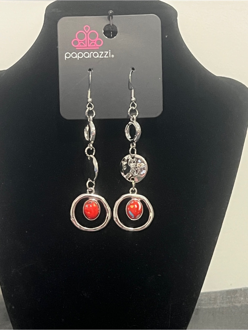Paparazzi Silver-Tone Drop Earrings with Red Cabochons